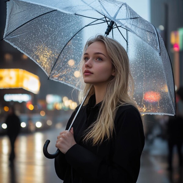 雨のヘルシンキの街に立つ美しい女性