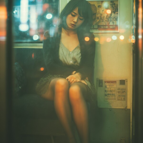 帰宅中の電車で眠る疲れたOL
