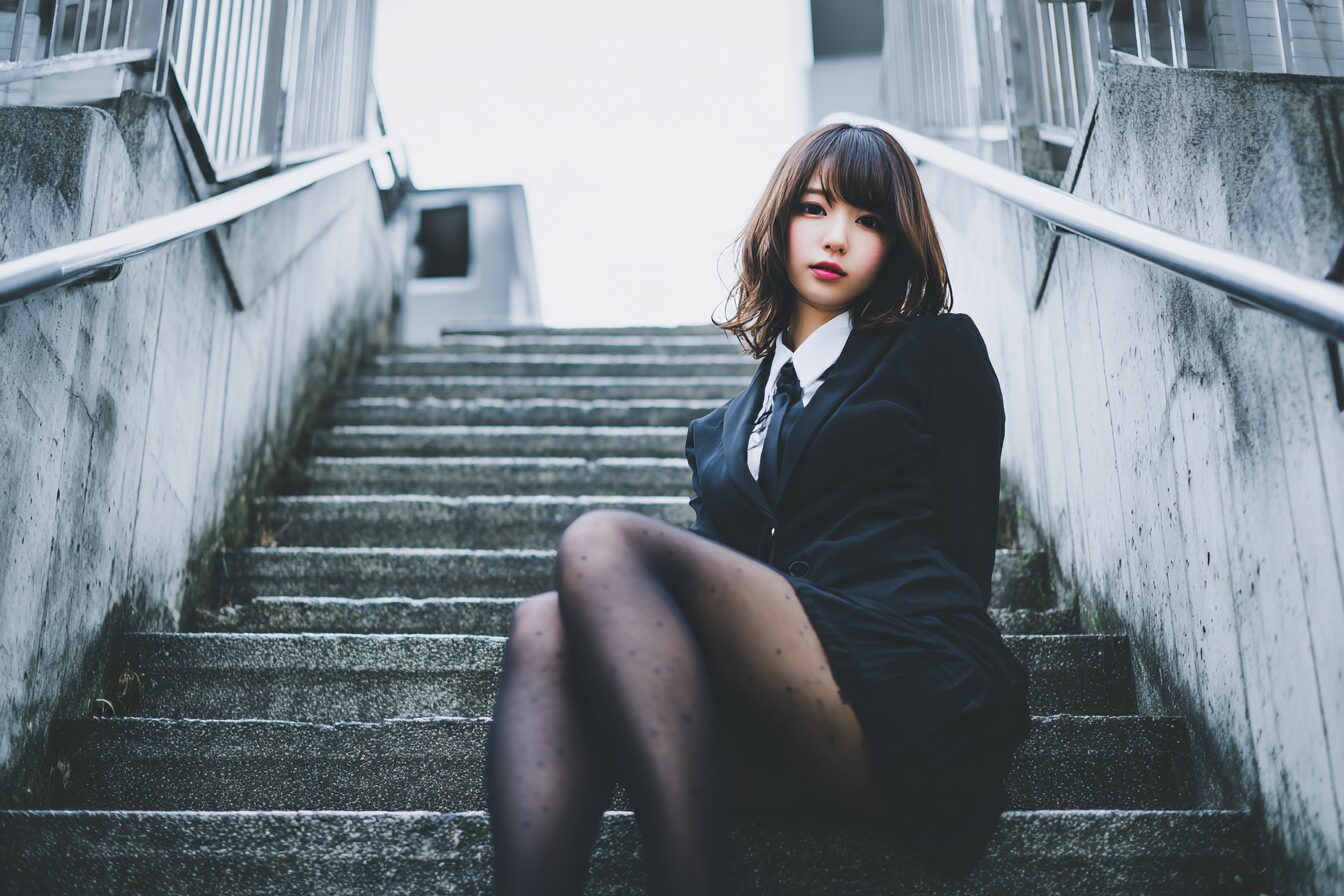 階段に座る黒いパンストの美人OL