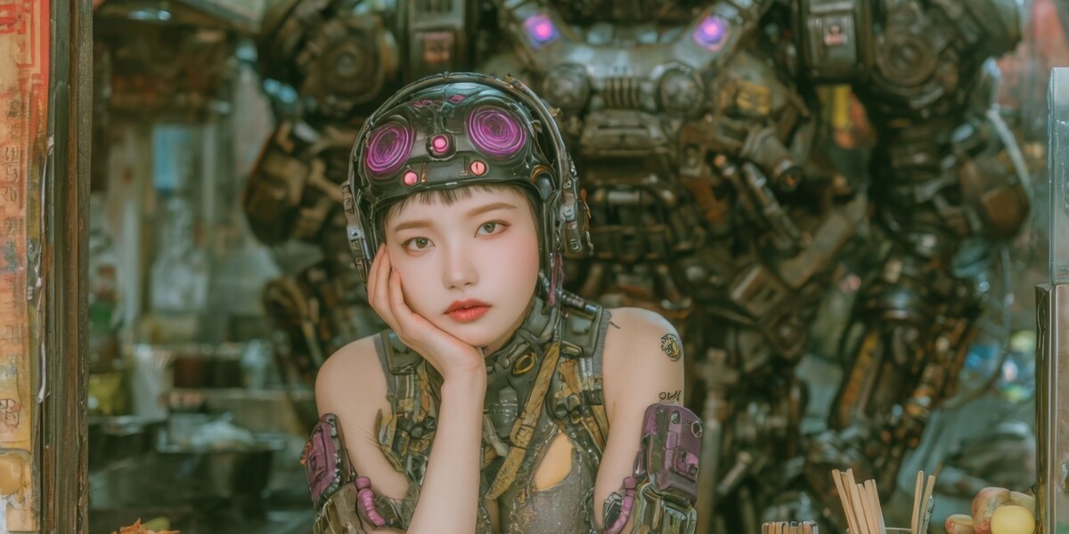 店番をしている女の子とセキュリティロボット