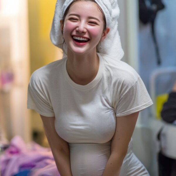 風呂上がりに笑顔を見せる可愛い韓国の妊婦