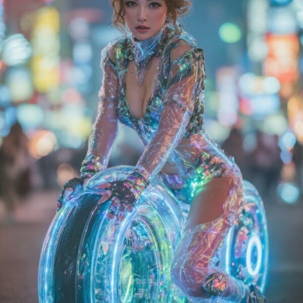 サイバーパンク世界のバイクに乗る美女