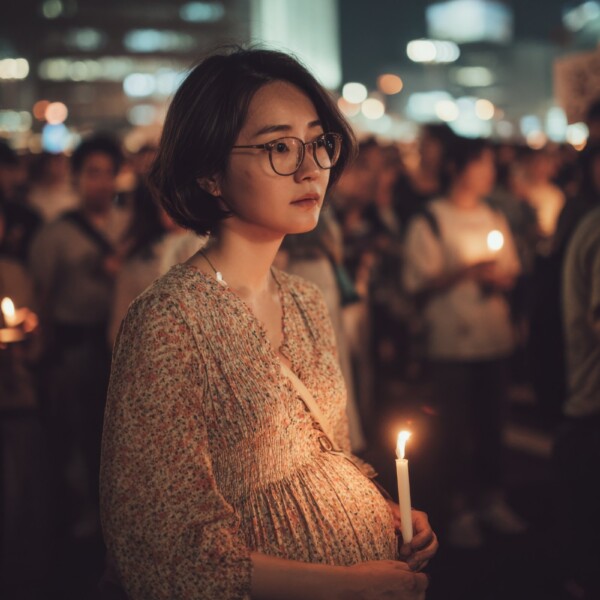 ロウソク運動に参加する臨月の韓国人妊婦