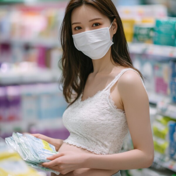 感染対策をしながら買い物をする韓国人妊婦