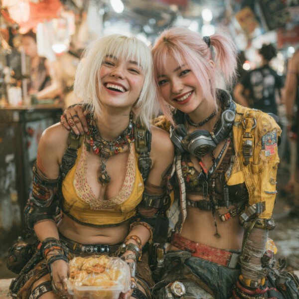 屋台で食べ物を買ったサイバーパンクファッションの2人の少女