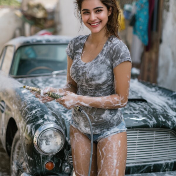 自宅で車を洗車するセクシーなパキスタン人女性