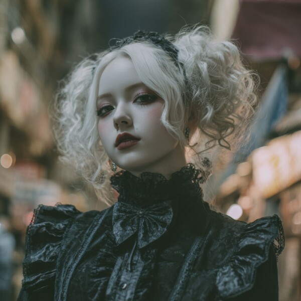 カメラを見つめる白髪のゴスロリ美女