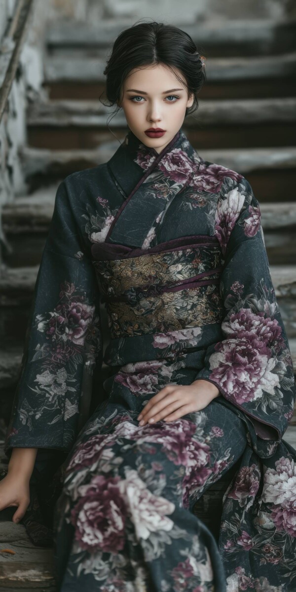 廃墟の階段に座る色っぽい着物美人