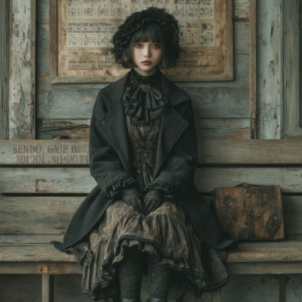 駅のベンチで電車を待つゴシックロリータ美少女