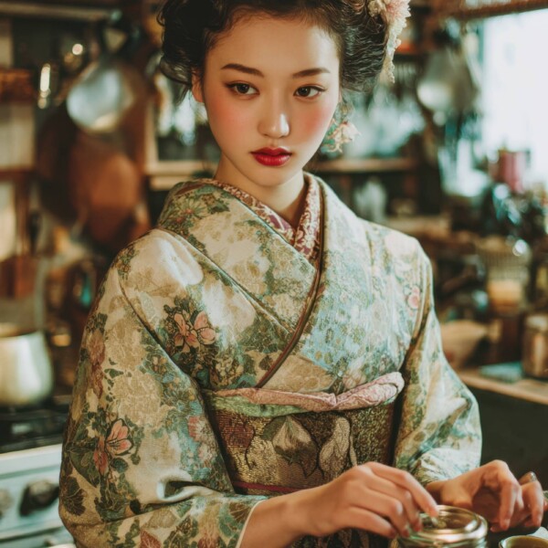 料理を作る着物姿の美しい日本人女性