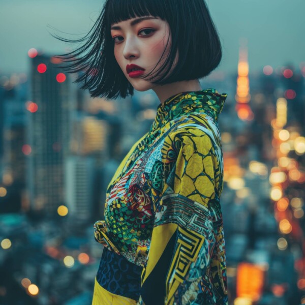 屋上から街を見下ろす着物姿の少女