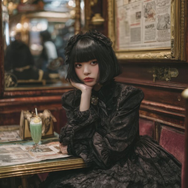 レトロな喫茶店で待ち合わせ中のゴスロリ少女