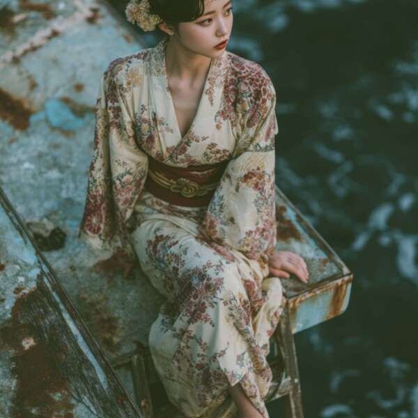 堤防に腰かける美しい日本人女性
