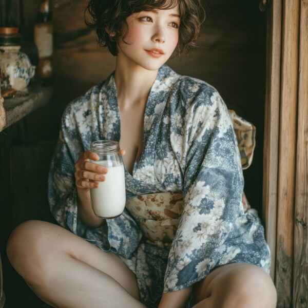 着物をめくりあげて牛乳を飲む美しい女性