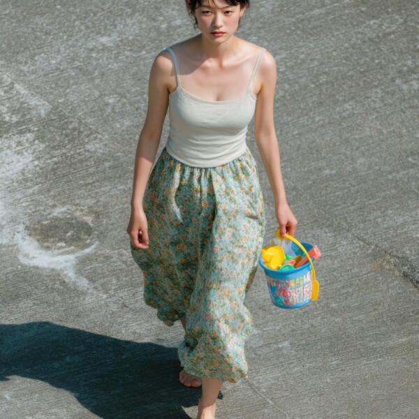 子供の玩具を持って団地を歩く母親