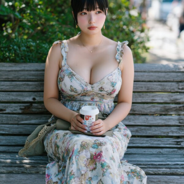 ベンチに座ってテイクアウトの珈琲を飲む巨乳妻