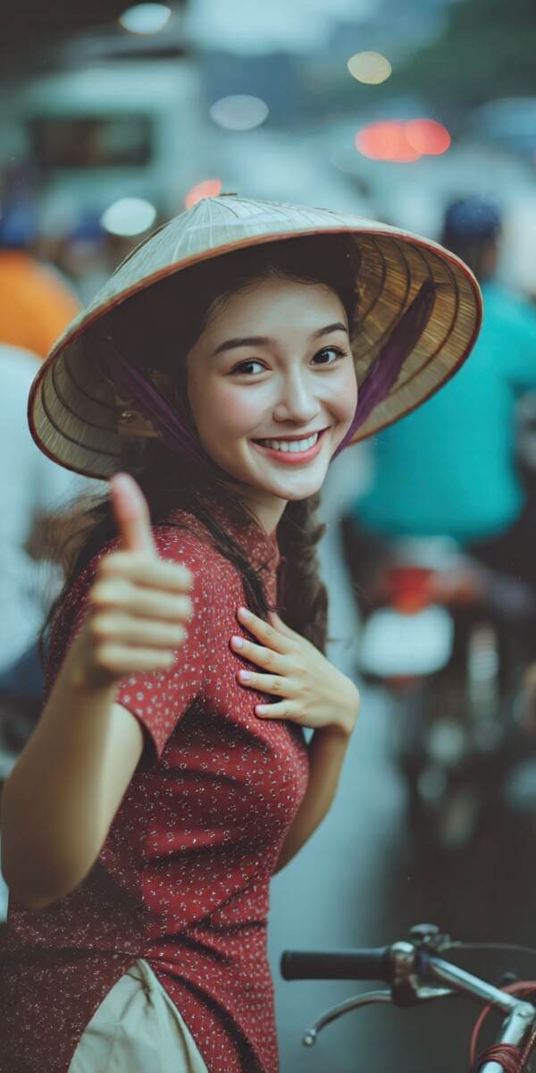 自転車に乗って微笑む美しいベトナム人女性