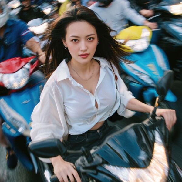 ベトナムホーチミンの渋滞をバイクで走るベトナム女性