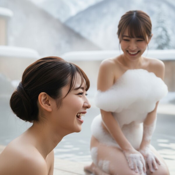 全身を泡で包んで露天風呂で遊ぶ美女