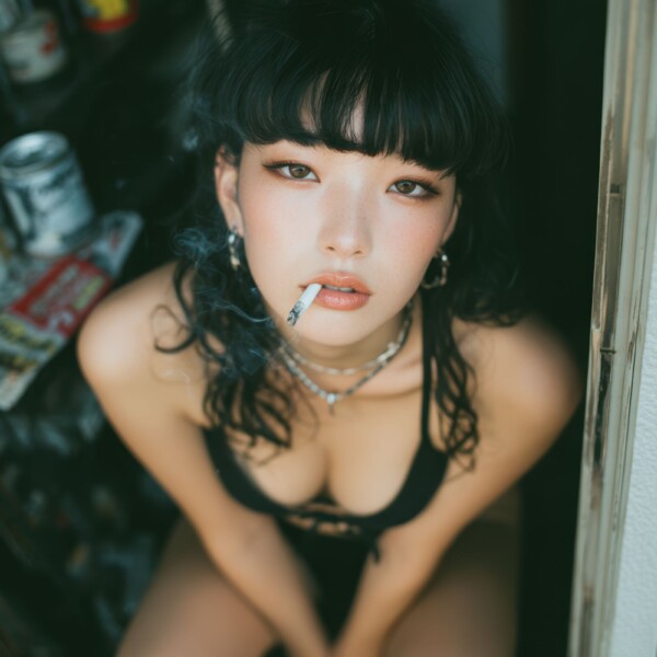 煙草を吸いながら見上げる黒い下着の団地妻