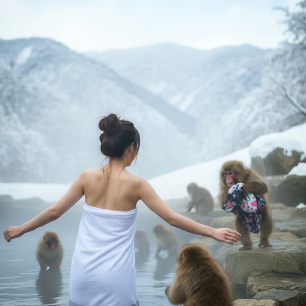 露天風呂で猿に着替えを取られる女性