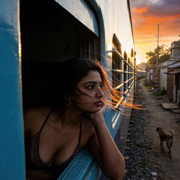 インドの電車の窓から顔をだすインドの美女