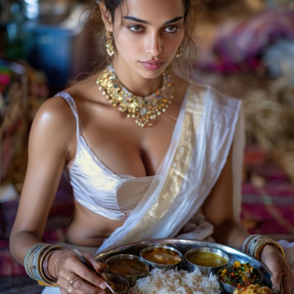 食事中の巨乳インド人