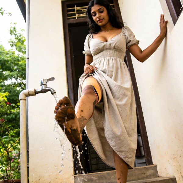 足の裏の泥を落とすインド人女性