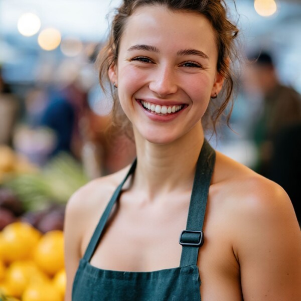 ロンドンの市場で働くノーブラエプロンの美人店員