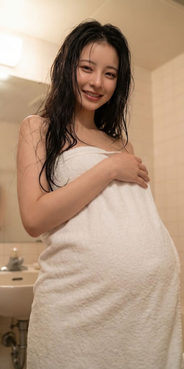 美しい臨月の妊婦が体にバスタオルを巻いて微笑んでいる