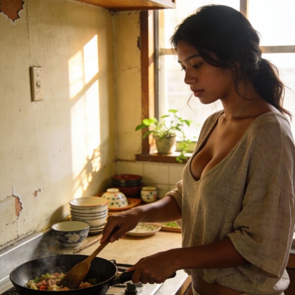 白いパンティをはいたインド人美女が朝食を作っている