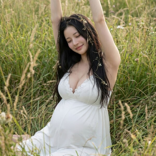 草原でリラックスする美しい臨月の妊婦