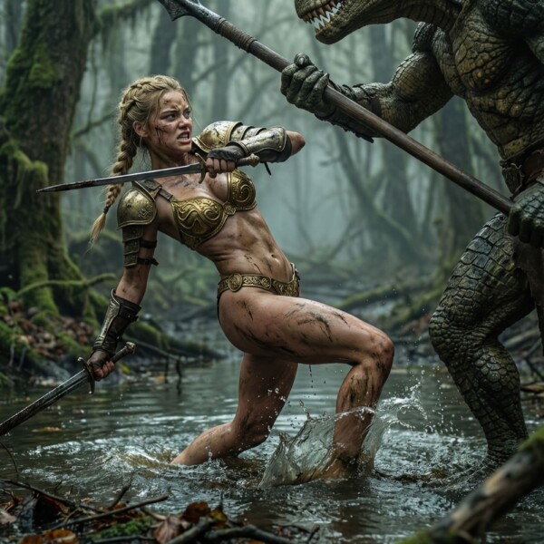 リザードマンと戦う女戦士