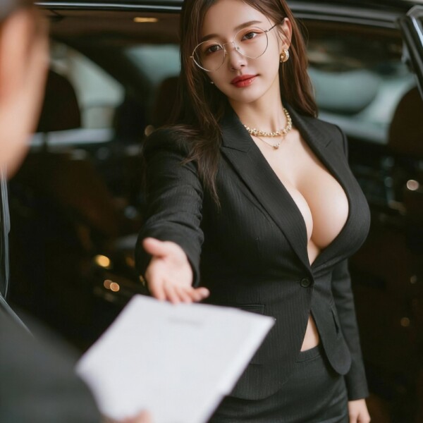 書類を受け取るノーブラのエリートビジネスウーマン