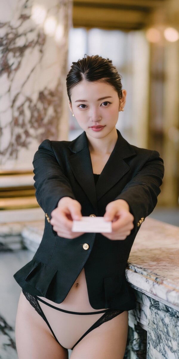 パンティ姿で名刺を差し出す美人ビジネスウーマン