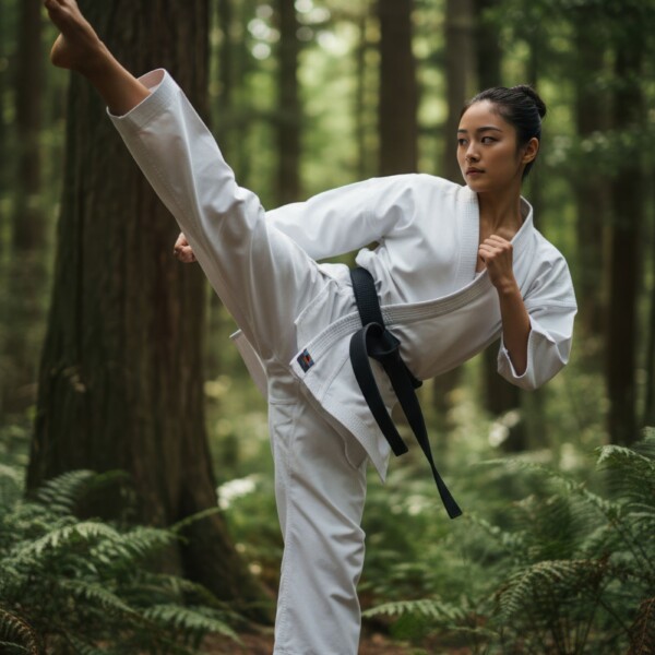 森の中で上段蹴りを放つ女性空手家
