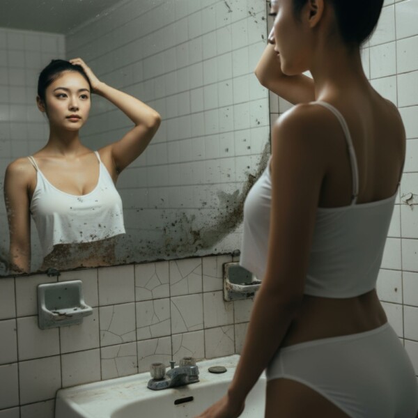 下着姿でホテルの鏡を見て精神統一をする美人空手家