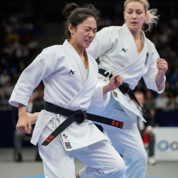 外国人選手に尻を蹴られて痛がる女性空手家