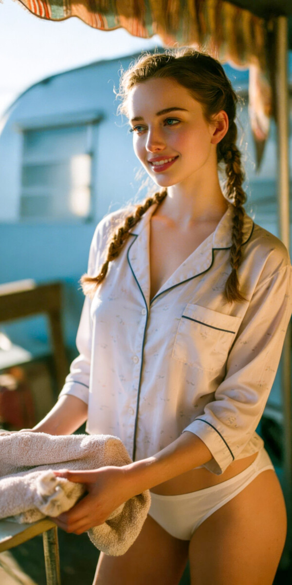 ジョシュア・ツリーの朝、トレーラーハウスで目覚めるアメリカ人美女