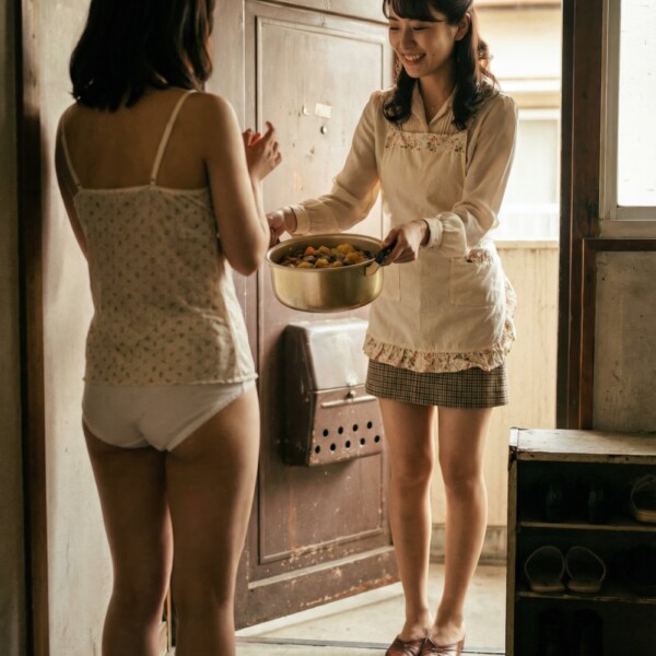 作りすぎた肉じゃがのお裾分けを受け取る下着の団地妻