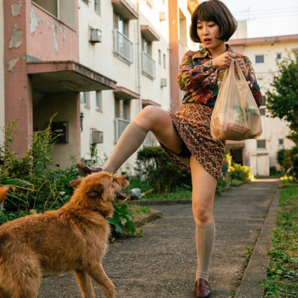 買い物袋を揺らしながら野良犬をいなす昭和の団地妻