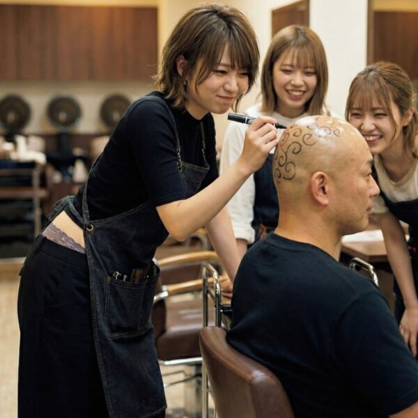 ハゲの頭にマジックで髪を描き足す美しい女美容師