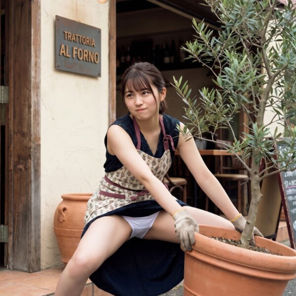 植木鉢を動かそうと踏ん張った拍子にパンティが見えている女性店員