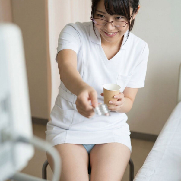 患者に薬を差し出しパンチラしているメガネの女性看護師