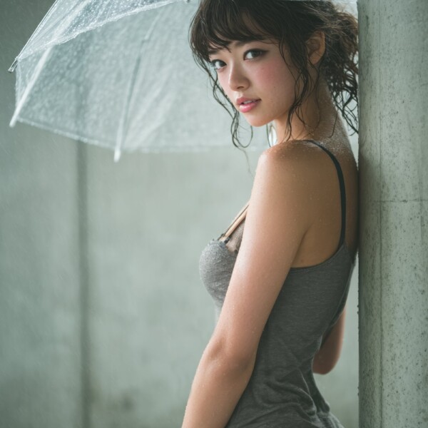 黒いパンティーを履いて雨の日に傘をさす美しい人妻