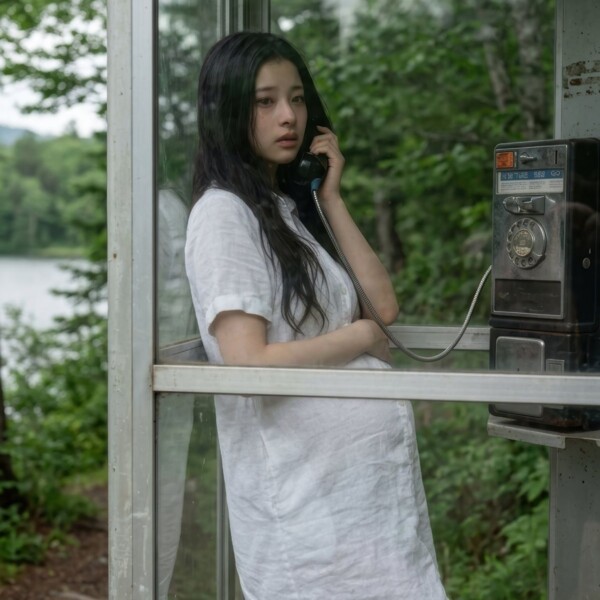 公衆電話から夫に電話をかける臨月の妊婦