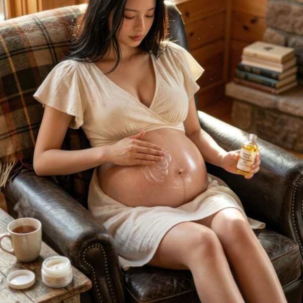 膨らんだお腹に妊娠線予防のローションを塗る美しい妊婦